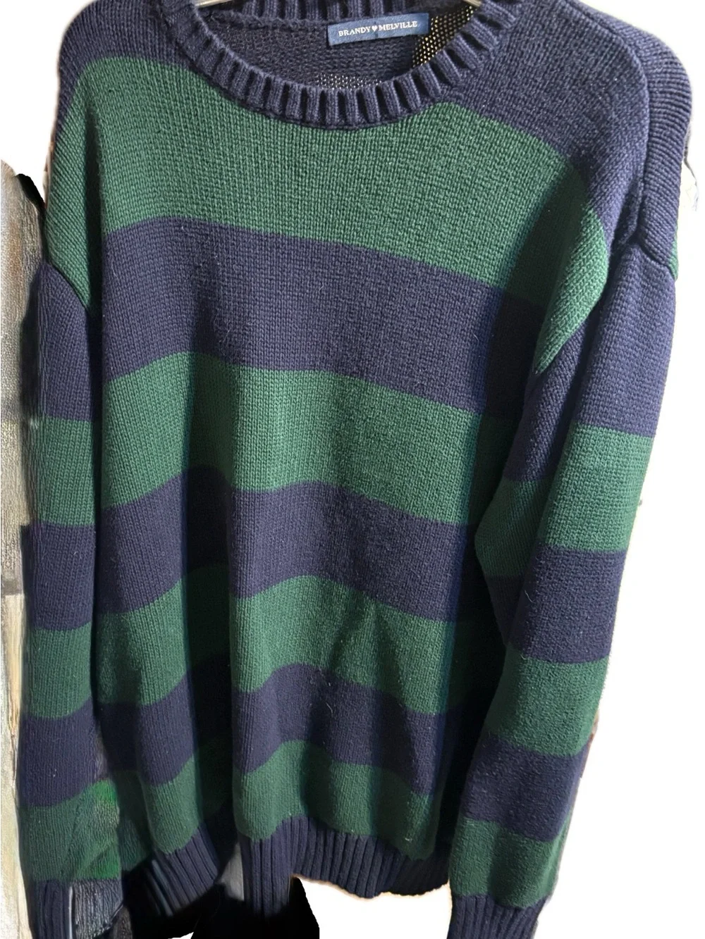 Brandy Melville Green Navy Striped Pullover Sweater Women Crew Neck Long Sleeve